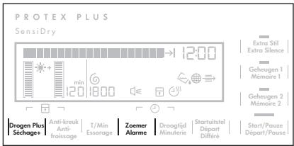 PROTEX PLUS SensiDry 12:00 Extra Fill Extra Silence Geheugen 1 Mémoire 1 Geheugen 2 Mémoire 2 drogen Plus Séchage+ Anti-kreuk Anti- froissage T/Min Esserage Zoemer Alarme Droogtijd Minutes Startultel Départ Differe Start/Pause Départ/Pause