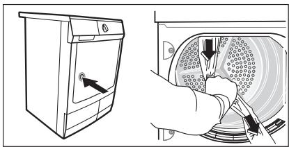 Diagram showing a washing machine with a door panel and a close-up of the lid with arrows indicating action or operation.