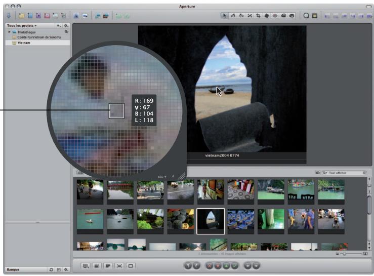 APPLE APERTURE 1.5 - Affichage d'une grille de pixels et des valeurs de couleur - 1