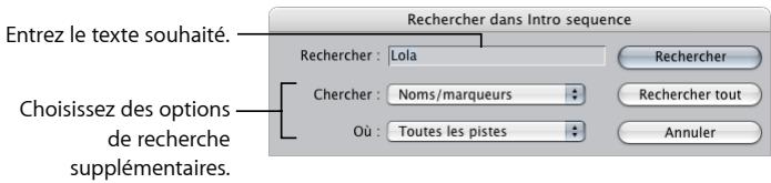 APPLE FINAL CUT EXPRESS 4 - Pour rechercher des noms de plan, des noms de marqueur, des commentaires de marqueur ou des valeurs de timecode dans une séquence : - 1