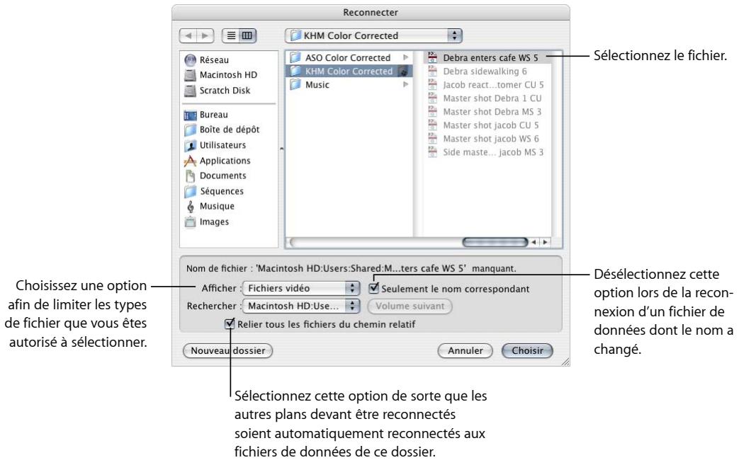 APPLE FINAL CUT EXPRESS 4 - Pour utiliser la zone de dialogue Reconnecter les fichiers : - 1