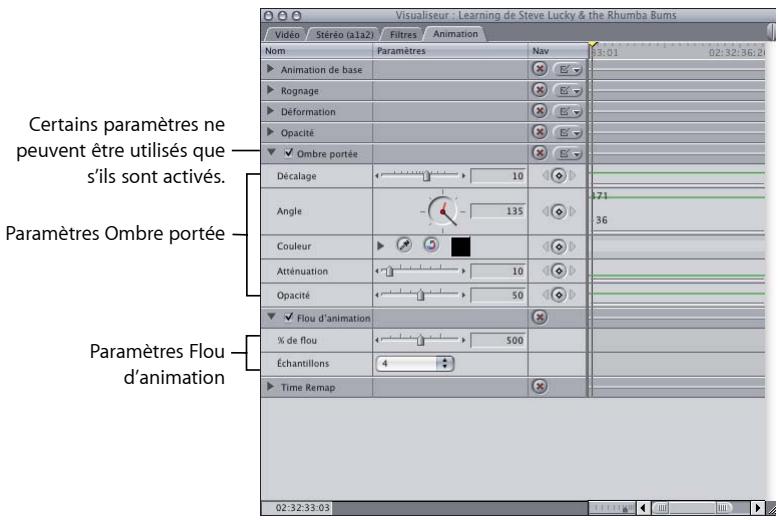 APPLE FINAL CUT EXPRESS 4 - Pour activer l'attribut Ombre portée ou Flou d'animation : - 1