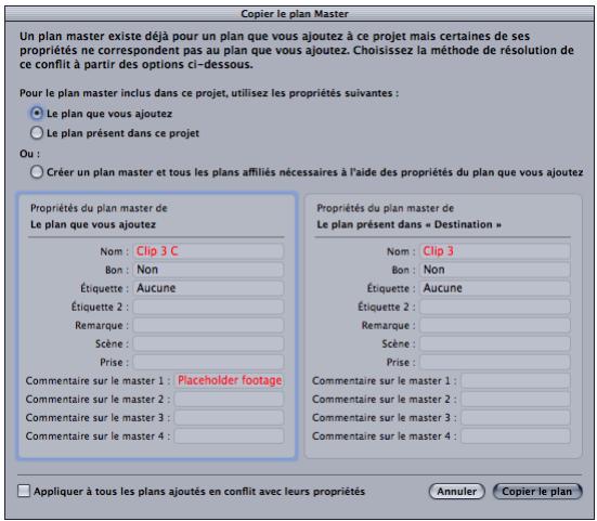 APPLE FINAL CUT EXPRESS 4 - Zone de dialogue « Copier le plan Master » - 1