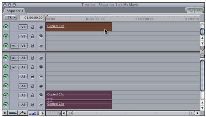 APPLE FINAL CUT PRO 6 - Exemple : copie et collage d'éléments audio et vidéo sur différentes pistes de la Timeline - 1