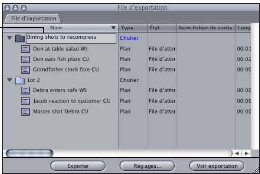 APPLE FINAL CUT PRO 6 - Pour modifier le nom d'un chutier dans la File d'exportation, cliquez une fois sur son nom pour le sélectionner, attendez un instant, puis cliquez à nouveau sur son nom. Tapez le nouveau nom. - 1