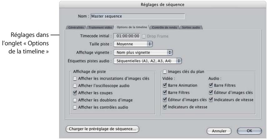 APPLE FINAL CUT PRO 6 - Pour modifier les options d'affichage de la Timeline via la fenêtre Réglages de séquence : - 1