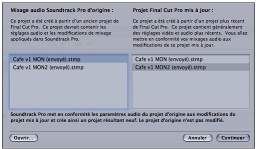 APPLE FINAL CUT PRO 6 - Pour lancer le processus visant à conformer un projet multipiste Soundtrack Pro aux modifications apportées à la séquence source dans Final Cut Pro : - 1