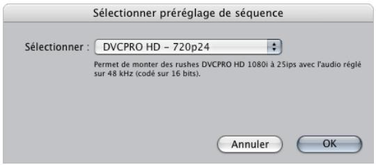 APPLE FINAL CUT PRO 6 - Pour modifier des réglages de séquence à l'aide d'un nouveau préréglage de séquence: - 1