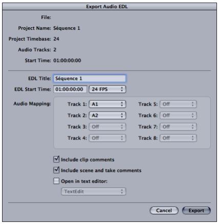 APPLE FINAL CUT PRO 6 - Pour exporter un EDL audio : - 1