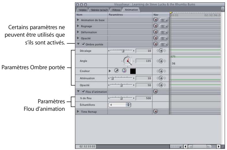 APPLE FINAL CUT PRO 6 - Pour activer l'attribut Ombre portée ou Flou d'animation : - 1