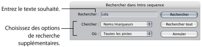 APPLE FINAL CUT PRO 6 - Pour rechercher des noms de plan, des noms de marqueur, des commentaires de marqueur ou des valeurs de timecode dans une séquence : - 1