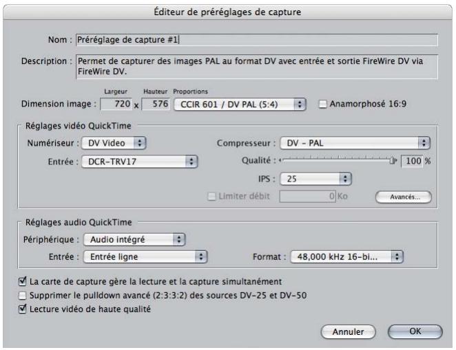 APPLE FINAL CUT PRO 6 - Pour visualiser ou modifier un préréglage de capture : - 1