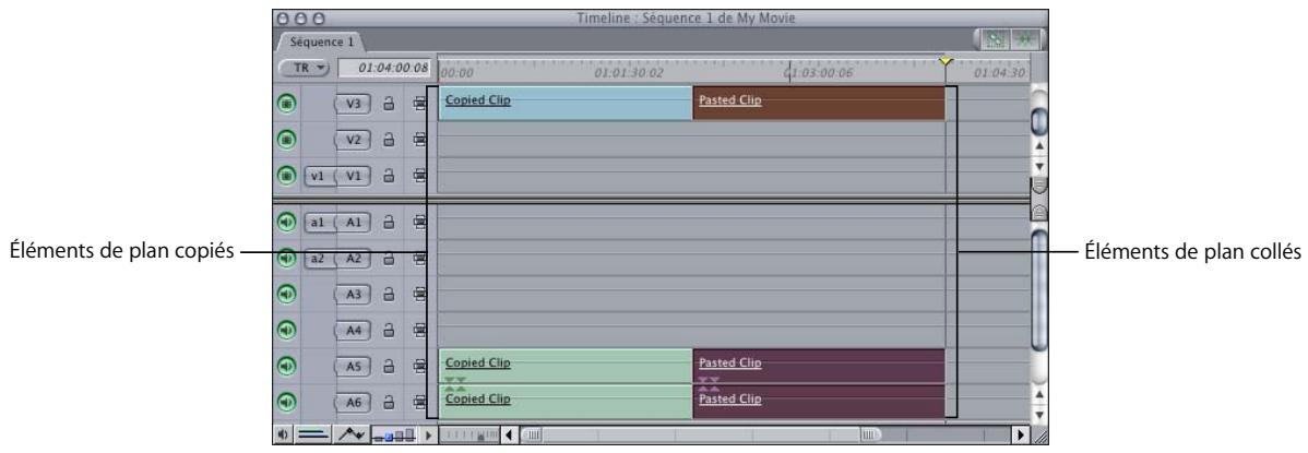 APPLE FINAL CUT PRO 6 - Pour copier (ou couper) et coller des éléments de plan sur les mêmes pistes de la Timeline : - 1