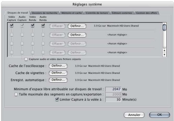 APPLE FINAL CUT PRO 6 - Choisissez Réglages système dans le menu Final Cut Pro, puis cliquez sur l'onglet Disques de travail. - 1