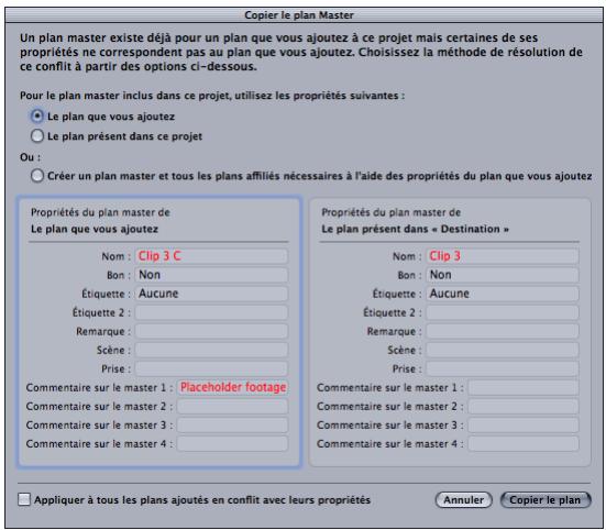 APPLE FINAL CUT PRO 6 - Zone de dialogue « Copier le plan Master » - 1