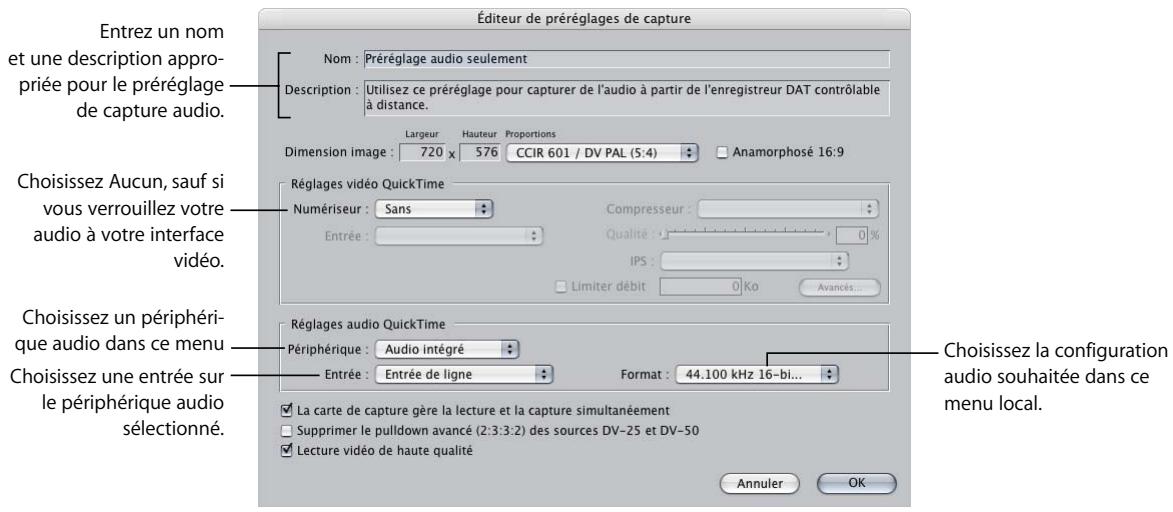 APPLE FINAL CUT PRO 6 - Pour créer un préréglage de capture audio seulement avec contrôle de périphérique : - 1