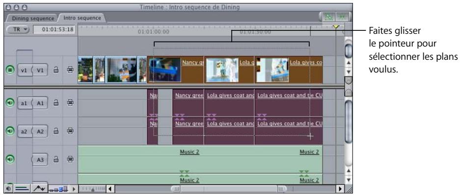 APPLE FINAL CUT PRO 6 - Faites glisser un cadre de sélection autour des différents plans voulus afin de les sélectionner. Tout plan concerné sera inclus, même si vous ne sélectionnez pas l'ensemble de ce plan. - 1