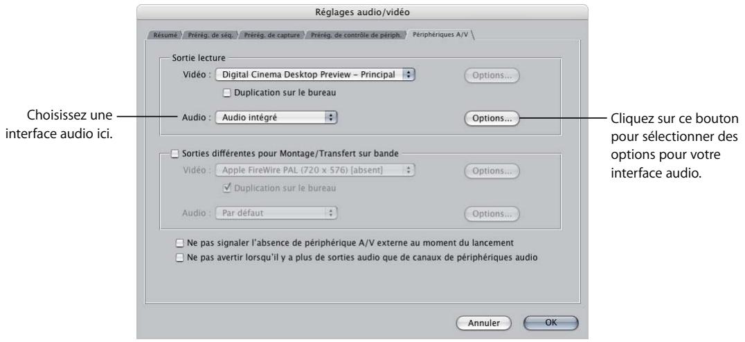 APPLE FINAL CUT PRO 6 - Pour choisir une interface audio destinée à contrôler votre audio ou à le transférer à un périphérique : - 1