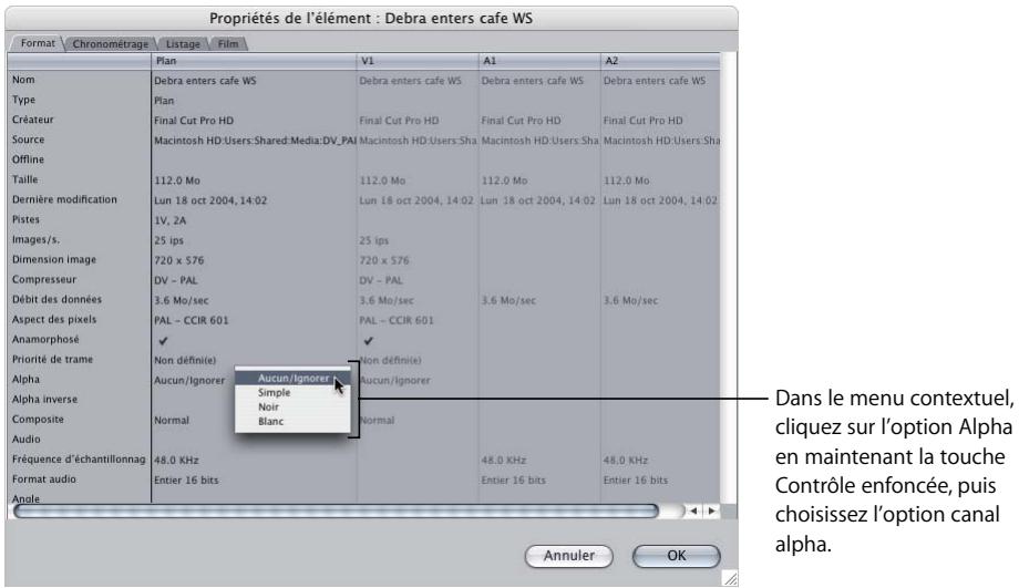 APPLE FINAL CUT PRO 6 - Pour modifier le type de canal alpha d'un plan à l'aide de la fenêtre Propriétés de l'élément : - 1