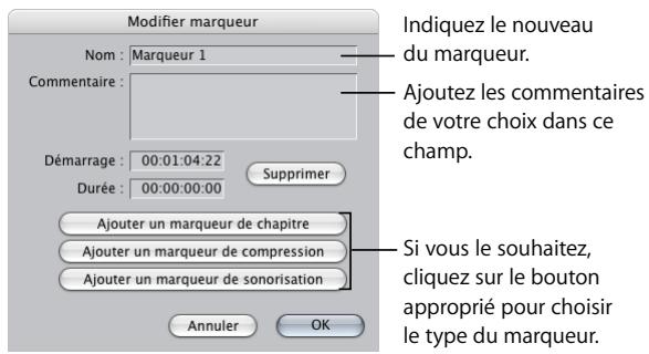 APPLE FINAL CUT PRO 6 - Pour renommer un marqueur, lui ajouter des commentaires ou modifier son type : - 1