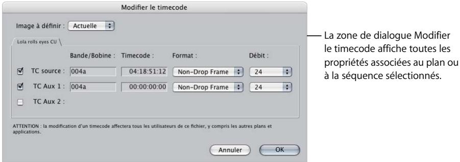 APPLE FINAL CUT PRO 6 - Pour modifier le timecode du fichier de données d'un plan : - 1