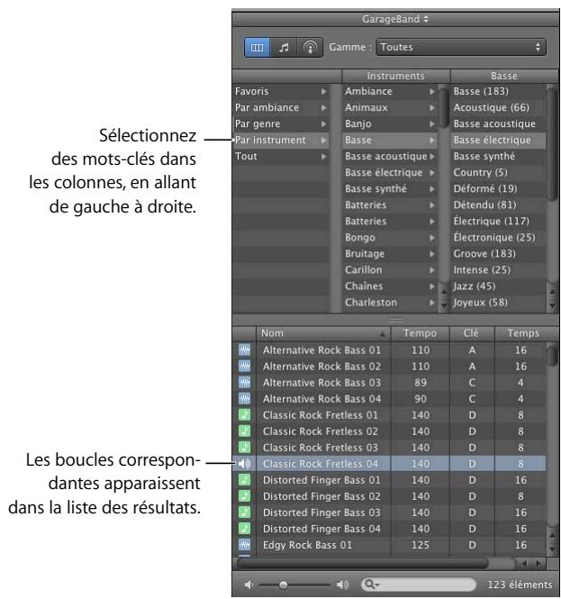APPLE GARAGEBAND - Recherche de boucles en présentation par colonnes - 1