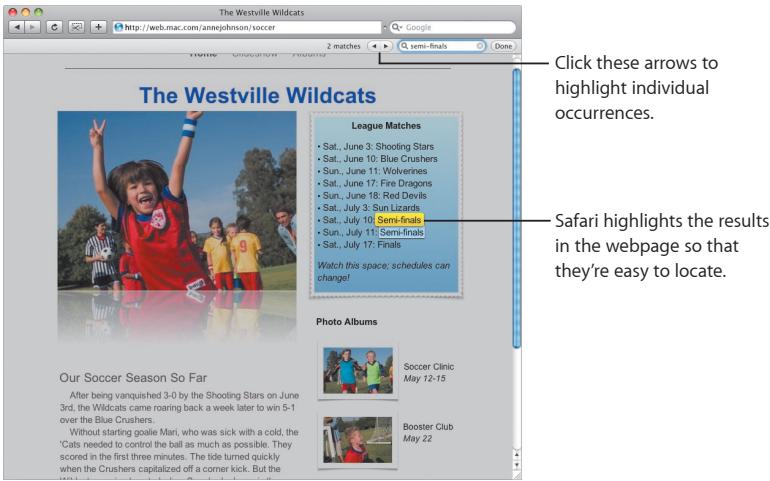 The Westville Wildcats http://web.mac.com/annejohnson/soccer Google Home: 2 matches semi-finals Done Click these arrows to highlight individual occurrences. Safari highlights the results in the webpage so that they're easy to locate. The Westville Wildcats League Matches Sat., June 3: Shooting Stars Sat., June 10: Blue Crushers Sun., June 11: Wolvernes Sat., June 17: Fire Dragons Sun., June 18: Red Devils Sat., July 3: Sun Lizards Sat., July 10: Semi-finals Sun., July 11: Semi-finals Sat., July 17: Finals Watch this space: schedules can change! Photo Albums Our Soccer Season So Far After being vanquished 3-0 by the Shooting Stars on June 3rd, the Wildcats came roaring back a week later to win 5-1 over the Blue Crushers. Without starting goalie Mari, who was sick with a cold, the 'Cats needed to control the ball as much as possible. They scored in the first three minutes. The tide turned quickly when the Crushers capitalized off a corner kick. But the Soccer Clinic May 12-15 Booster Club May 22