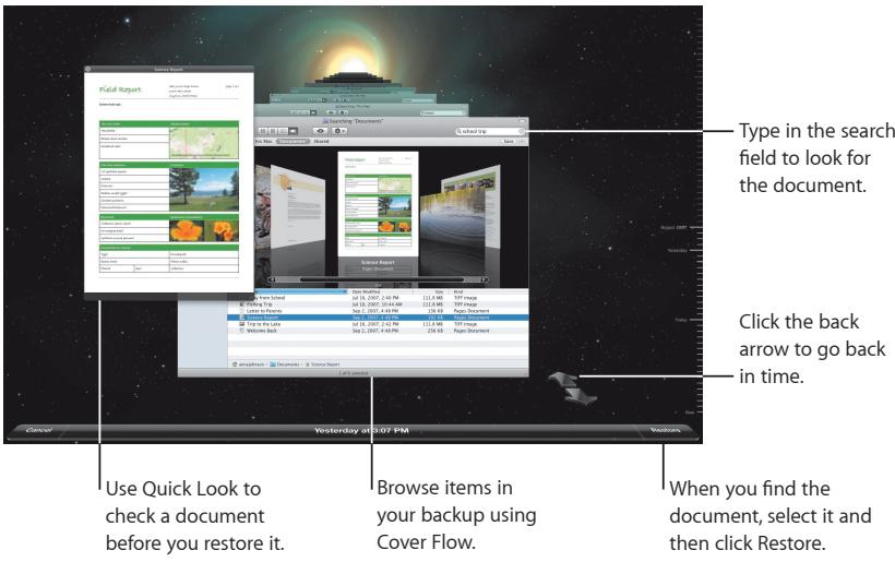 Use Quick Look to check a document before you restore it. Browse items in your backup using Cover Flow. When you find the document, select it and then click Restore. Click the back arrow to go back in time. Type in the search field to look for the document. Search Report Page Document Cancel Yesterday at 9:07 PM Refresh