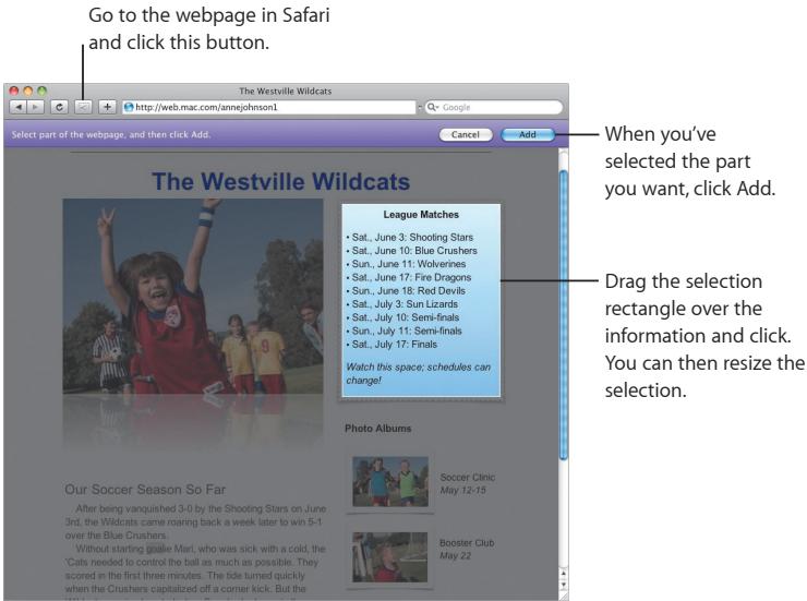 Go to the webpage in Safari and click this button. The Westville Wildcats http://web.mac.com/annejohnson1 Google Select part of the webpage, and then click Add. Cancel Add When you've selected the part you want, click Add. Drag the selection rectangle over the information and click. You can then resize the selection. The Westville Wildcats League Matches • Sat., June 3: Shooting Stars • Sat., June 10: Blue Crushers • Sun., June 11: Wolverines • Sat., June 17: Fire Dragons • Sun., June 18: Red Devils • Sat., July 3: Sun Lizards • Sat., July 10: Semi-finals • Sun., July 11: Semi-finals • Sat., July 17: Finals Watch this space; schedules can change! Photo Albums Our Soccer Season So Far After being vanquished 3-0 by the Shooting Stars on June 3rd, the Wildcats came roaring back a week later to win 5-1 over the Blue Crushers. Without starting goalie Mari, who was sick with a cold, the "Cats needed to control the ball as much as possible. They scored in the first three minutes. The tide turned quickly when the Crushers capitalized off a corner kick. But the Soccer Clinic May T2-15 Booster Club May 22