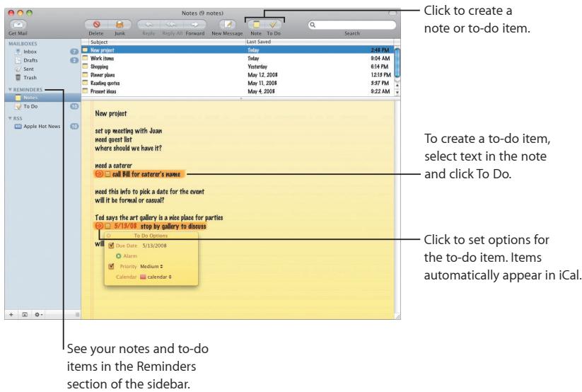 Click to create a note or to-do item. New project set up meeting with Joan need guest list where should we have it? need a caterer call fill for caterer's name need this info to pick a date for the event will it be formal or casual? Ted says the art gallery is a nice place for parties 5/13/08 step by gallery to discuss To Do Options Due Date 5/13/2008 Alarm Priority Medium 2 Calendar calendar 2 See your notes and to-do items in the Reminders section of the sidebar.