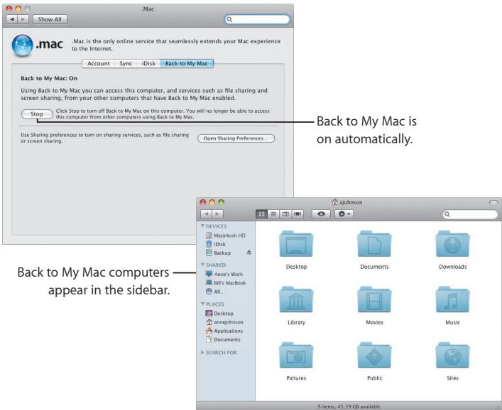 .mac Mac is the only online service that seamlessly extends your Mac experience to the Internet. Back to My Mac: On Using Back to My Mac you can access this computer, and services such as file sharing and screen sharing, from your other computers that have Back to My Mac enabled. Stop Click Stop to turn off Back to My Mac on this computer. You will no longer be able to access this computer from other computers using Back to My Mac. Use Sharing preferences to turn on sharing services, such as file sharing or screen sharing. Open Sharing Preferences... Back to My Mac is on automatically. Back to My Mac computers appear in the sidebar. Desktop Documents Downloads Library Movies Music Pictures Public Sites 9 items, 45.39 GB available