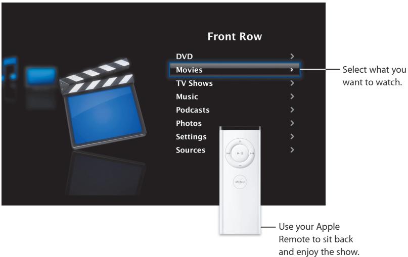 Front Row DVD > Movies > TV Shows > Music > Podcasts > Photos > Settings > Sources > Select what you want to watch. Use your Apple Remote to sit back and enjoy the show.