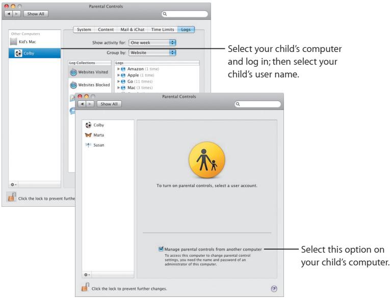Parental Controls Show All Other Computers Kid's Mac Colby System Content Mail & iChat Time Limits Logs Show activity for: One week Group by: Website Log Collections Logs Amazon (1 time) Apple (1 time) Go (11 times) Mac (3 times) Websites Visited Websites Blocked Parental Controls Show All Colby Marta Susan To turn on parental controls, select a user account. Manage parental controls from another computer. To access this computer to change parental control settings, you need the name and password of an administrator of this computer. Click the lock to prevent further changes. Click the lock to prevent further changes. Select your child's computer and log in; then select your child's user name. Select this option on your child's computer.