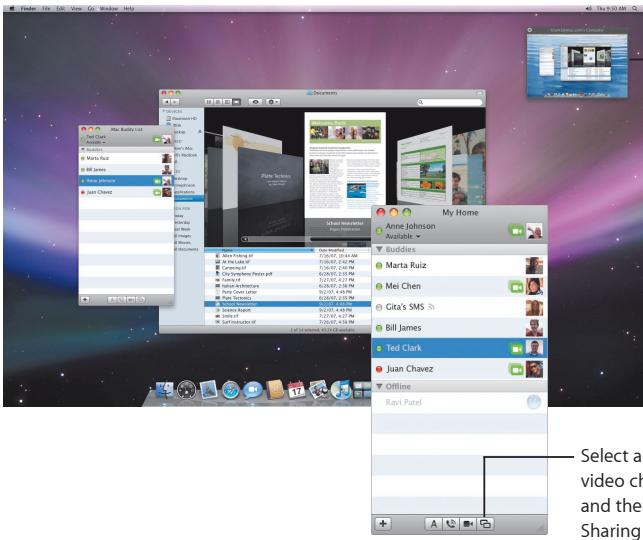 Finder File Edit View Go Window Help This 9:00 AM File Edit View Help Add My Home Anne Johnson Available * Buddles Marta Ruiz Mei Chen Gita's SMS Bill James Ted Clark Juan Chavez Offline Ravi Patel Select a video ch and then Sharing