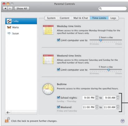 Parental Controls System Content Mail & iChat Time Limits Logs Cally Marta Susan Weekday time limits Allows access to this computer Monday through Friday for the specified number of hours only. Limit computer use to: 3 hours a day 20 minutes 8 hours Weekend time limits Allows access to this computer Saturday and Sunday for the specified number of hours only. Limit computer use to: 5 hours a day 20 minutes 8 hours Bedtime Prevents access to this computer during the specified hours. School nights: 9:00 PM to 9:00 AM Sunday - Thursday Weekend: 11:00 PM to 11:00 AM Friday and Saturday Click the lock to prevent further changes.