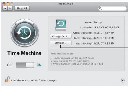 Time Machine Name: Backup Available: 182.2 GB of 232.9 GB Oldest Backup: 6/16/07 4:57 PM Latest Backup: 8/27/07 3:08 PM Options... Next Backup: 8/27/07 4:13 PM Time Machine keeps • Hourly backups for the past 24 hours • Daily backups for the past month • Weekly backups until your backup disk is full OFF ON Click the lock to prevent further changes.