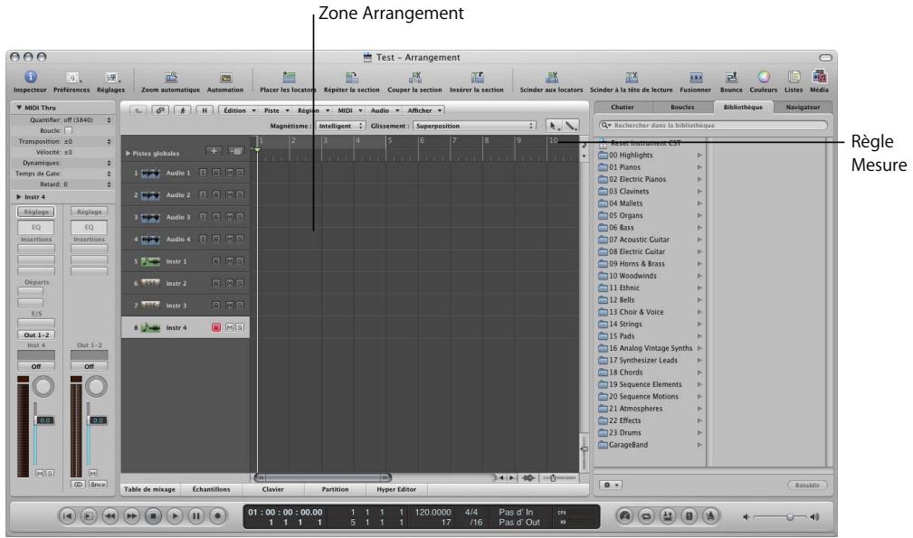 APPLE LOGIC EXPRESS 8 - La grande zone grise à droite de la liste des pistes est la zone arrangement. - 1