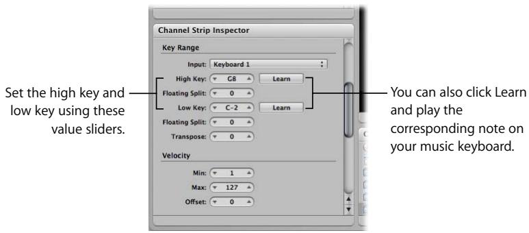 APPLE MAINSTAGE - To define a key range for a channel strip: - 1