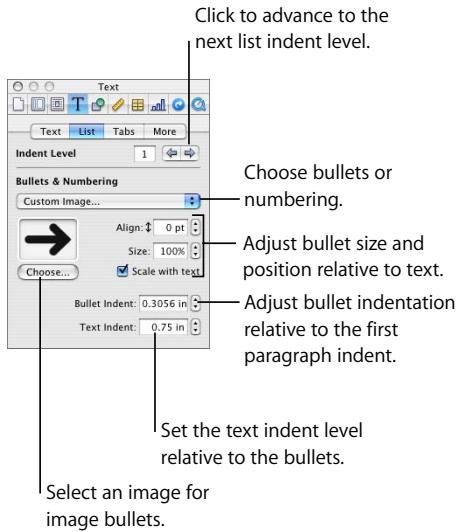APPLE PAGES 2 - To open the List pane of the Text Inspector: - 1