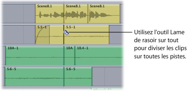 APPLE SOUNDTRACK PRO 2 - Division de clips sur toutes les pistes à l'aide de l'outil lame de rasoir sur tout - 2