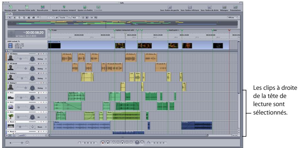 APPLE SOUNDTRACK PRO 2 - Pour sélectionner tous les clips à droite ou à gauche de la tête de lecture sur des pistes sélectionnées : - 1