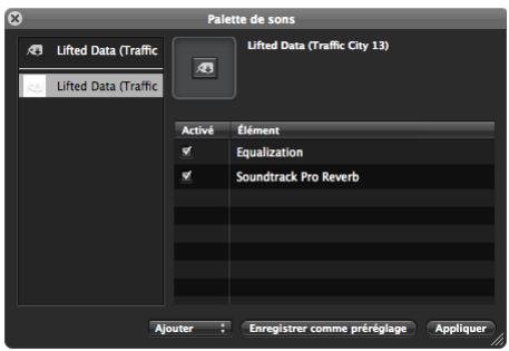APPLE SOUNDTRACK PRO 2 - Pour enregistrer un préréglage de palette des sons : - 1