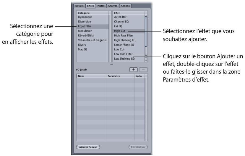 APPLE SOUNDTRACK PRO 2 - Pour ajouter un effet en temps réel à une piste, un bus ou un sous-mixage dans la timeline : - 1