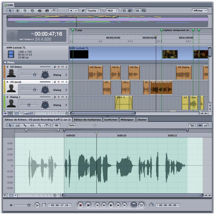 APPLE SOUNDTRACK PRO 2 - Pour appliquer des modifications dans l'éditeur de fichiers et écouter les résultats dans la timeline : - 1