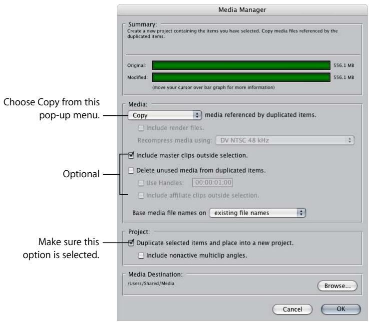 APPLE FINAL CUT PRO 5 - In the Media Manager, choose the following options, then click OK. - 1