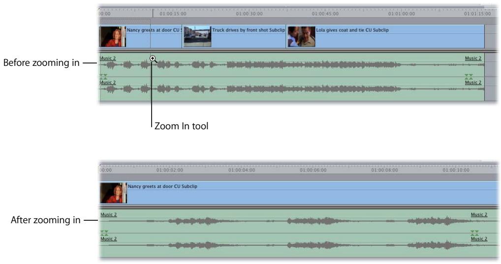 APPLE FINAL CUT PRO 5 - To zoom in and out of the Timeline using the zoom tools: - 1