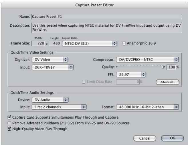 APPLE FINAL CUT PRO 5 - To view or edit a capture preset: - 1