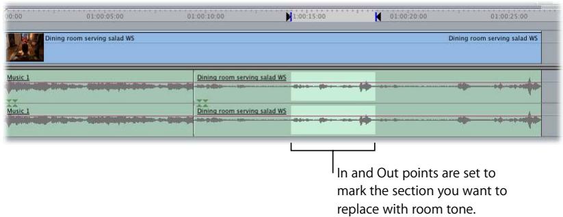 APPLE FINAL CUT PRO 5 - To replace an unwanted section of an audio clip with room tone: - 1