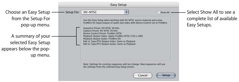 APPLE FINAL CUT PRO 5 - To choose an Easy Setup: - 1