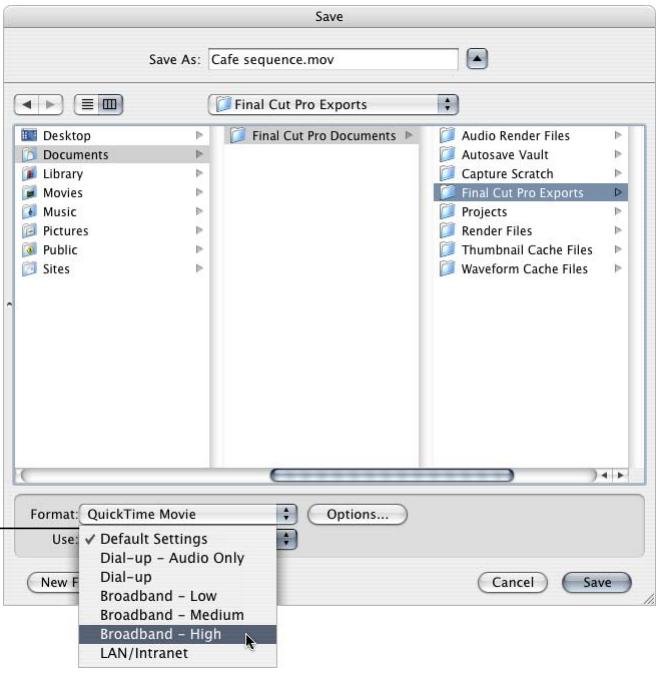 APPLE FINAL CUT PRO 5 - Choose a preset compression setting from the Use pop-up menu. - 1